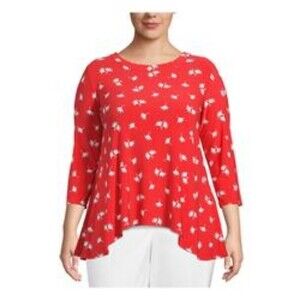 Anne Klein Womens Tunic Trapeze Red with Black & White Fans 3/4 Sleeve Size 2X